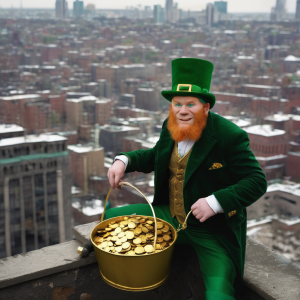 Leprechaun not willing to share a bucket of gold.